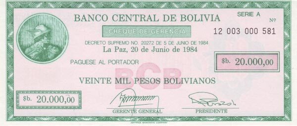 玻利维亚 Pick 187 D.1984年版20000 Pesos Bolivianos 纸钞 