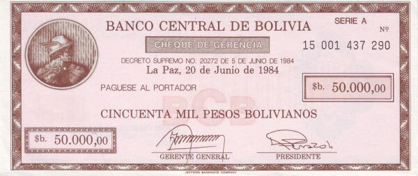 玻利维亚 Pick 185 D.1984年版50000 Pesos Bolivianos 纸钞 