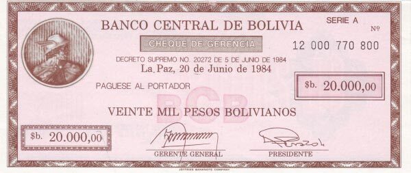 玻利维亚 Pick 184 D.1984年版20000 Pesos Bolivianos 纸钞 