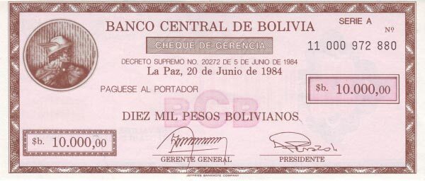 玻利维亚 Pick 183 D.1984年版10000 Pesos Bolivianos 纸钞 