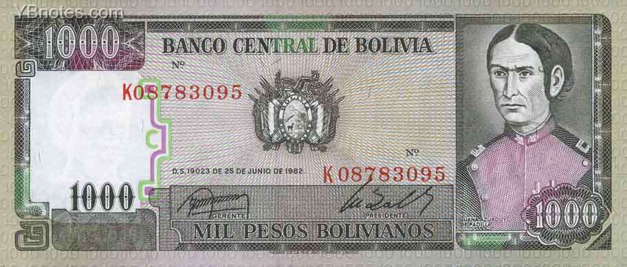 玻利维亚 Pick 167 1982年版1000 Pesos Bolivianos 纸钞 