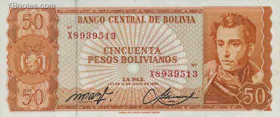 玻利维亚 Pick 162 L.1962年版50 Pesos Bolivianos 纸钞 