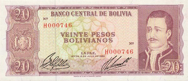 玻利维亚 Pick 161 L.1962年版20 Pesos Bolivianos 纸钞 