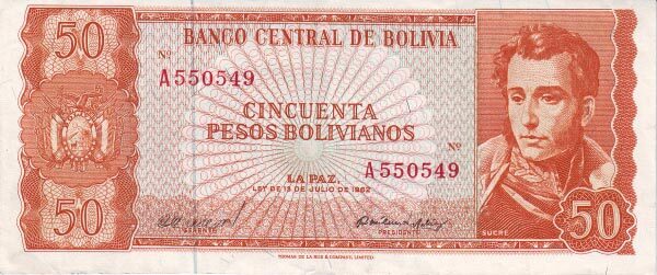 玻利维亚 Pick 156 L.1962年版50 Pesos Bolivianos 纸钞 