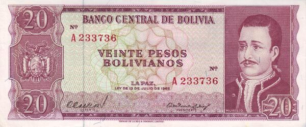 玻利维亚 Pick 155 L.1962年版20 Pesos Bolivianos 纸钞 