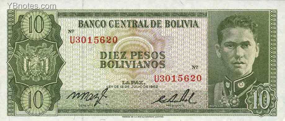 玻利维亚 Pick 154 L.1962年版10 Pesos Bolivianos 纸钞 