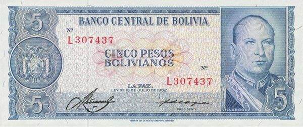 玻利维亚 Pick 153a L.1962年版5 Pesos Bolivianos 纸钞 