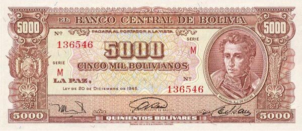 玻利维亚 Pick 150 L.1945年版5000 Bolivianos 纸钞 