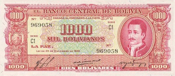 玻利维亚 Pick 149 L.1945年版1000 Bolivianos 纸钞 