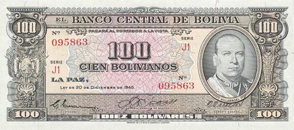 玻利维亚 Pick 147 L.1945年版100 Bolivianos 纸钞 