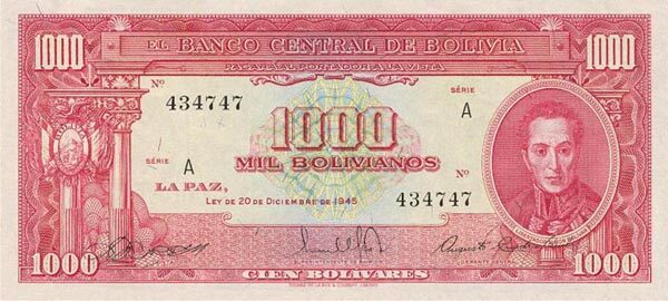 玻利维亚 Pick 144 L.1945年版1000 Bolivianos 纸钞 