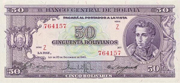 玻利维亚 Pick 141 L.1945年版50 Bolivianos 纸钞 