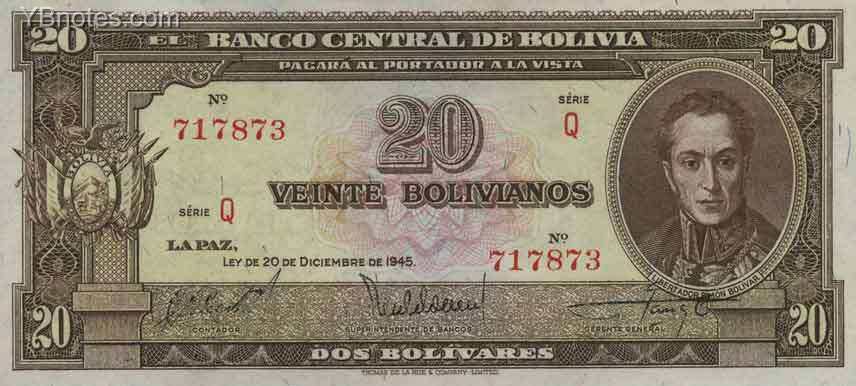 玻利维亚 Pick 140 L.1945年版20 Bolivianos 纸钞 