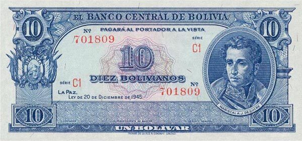 玻利维亚 Pick 139c L.1945年版10 Bolivianos 纸钞 