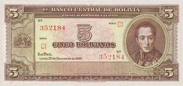 玻利维亚 Pick 138a L.1945年版5 Bolivianos 纸钞 