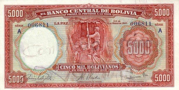 玻利维亚 Pick 136 D.1942年版5000 Bolivianos 纸钞 