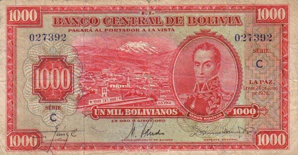 玻利维亚 Pick 135 L.1928年版1000 Bolivianos 纸钞 