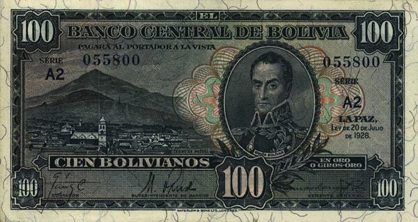 玻利维亚 Pick 133 L.1928年版100 Bolivianos 纸钞 