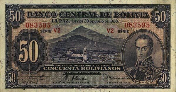 玻利维亚 Pick 132 L.1928年版50 Bolivianos 纸钞 