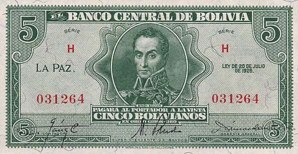 玻利维亚 Pick 129 L.1928年版5 Bolivianos 纸钞 