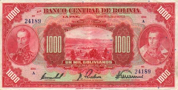 玻利维亚 Pick 127b L.1928年版1000 Bolivianos 纸钞 