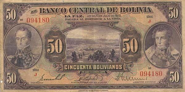 玻利维亚 Pick 124 L.1928年版50 Bolivianos 纸钞 