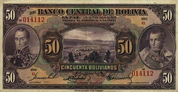 玻利维亚 Pick 123 L.1928年版50 Bolivianos 纸钞 