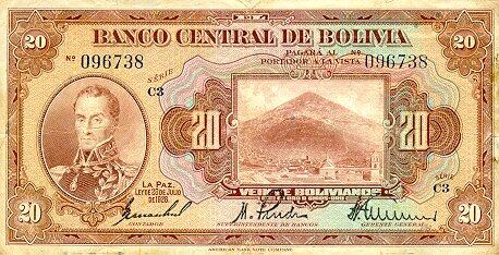 玻利维亚 Pick 122 L.1928年版20 Bolivianos 纸钞 