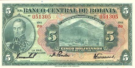 玻利维亚 Pick 120 L.1928年版5 Bolivianos 纸钞 