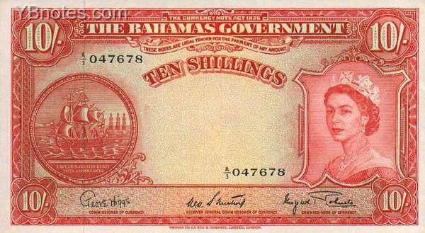 巴哈马 Pick 14d ND1953年版10 Shillings 纸钞 