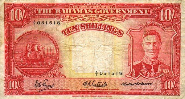 巴哈马 Pick 10c L.1936年版10 Shillings 纸钞 