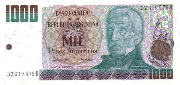 阿根廷 Pick 317b ND1983-85年版1000 Pesos Argentinos 纸钞 