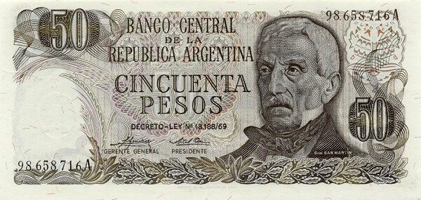 阿根廷 Pick 296 ND1974-75年版50 Pesos 纸钞 