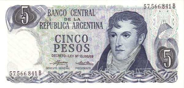 阿根廷 Pick 294 ND1974-76年版5 Pesos 纸钞 