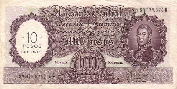 阿根廷 Pick 284 ND1969-71年版10 Pesos 纸钞 
