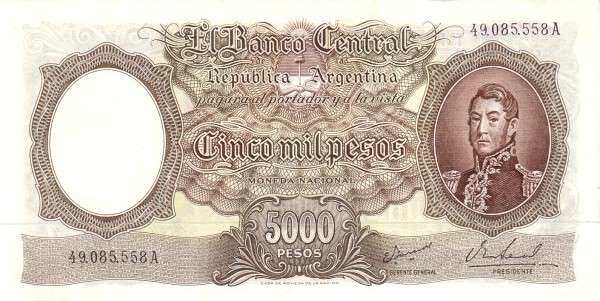 阿根廷 Pick 280b ND1962-69年版5000 Pesos 纸钞 