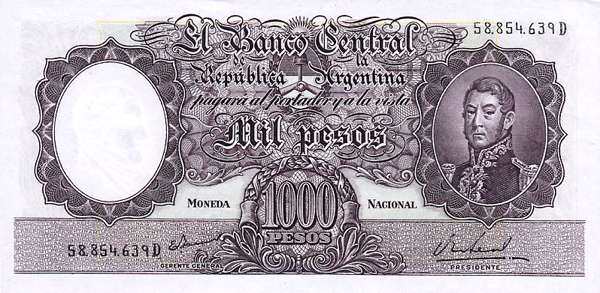 阿根廷 Pick 279b ND1966-69年版1000 Pesos 纸钞 