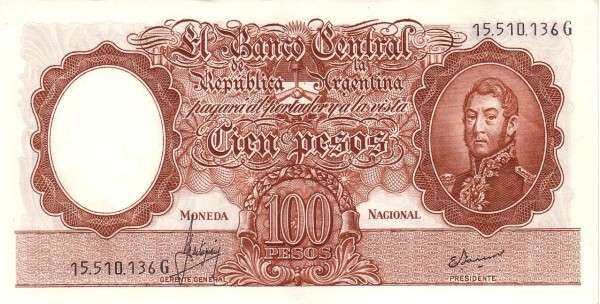 阿根廷 Pick 277 ND1967-69年版100 Pesos 纸钞 