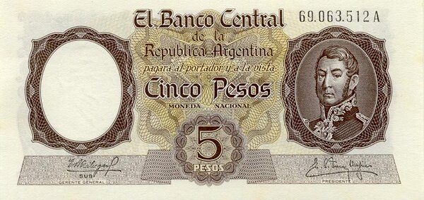 阿根廷 Pick 275c ND1960-62年版5 Pesos 纸钞 