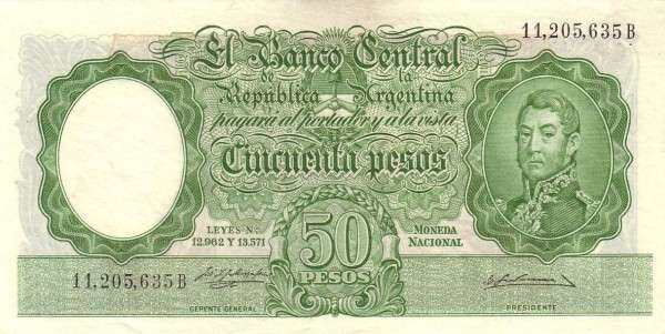 阿根廷 Pick 271a ND1955-68年版50 Pesos 纸钞 