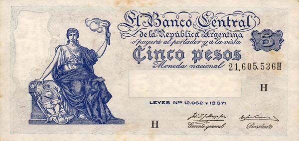 阿根廷 Pick 264d ND1959年版5 Pesos 纸钞 