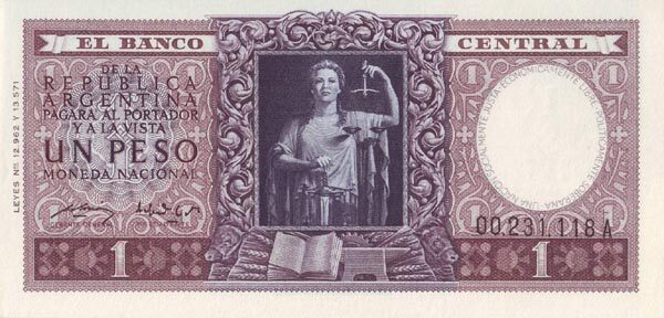 阿根廷 Pick 260a ND1952-55年版1 Peso 纸钞 
