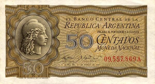 阿根廷 Pick 259a ND1950年版50 Centavos 纸钞 
