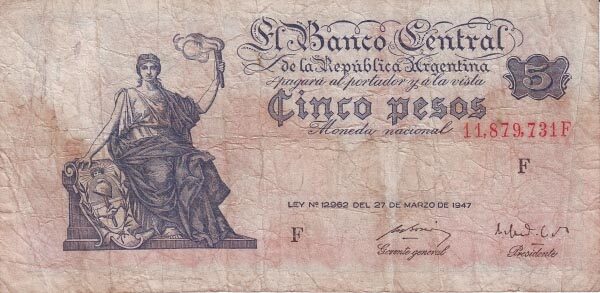 阿根廷 Pick 258 1947.3.27年版5 Pesos 纸钞 