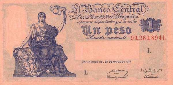 阿根廷 Pick 257 L.1947年版1 Peso 纸钞 