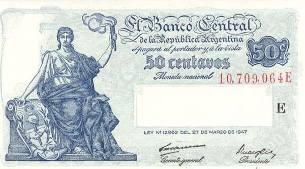 阿根廷 Pick 256 L.1947年版50 Centavos 纸钞 