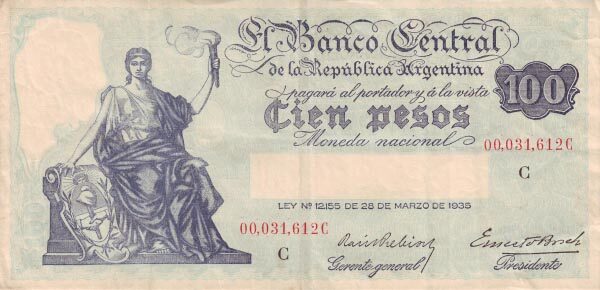 阿根廷 Pick 255 1935.3.28年版100 Pesos 纸钞 