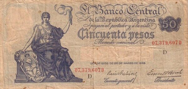 阿根廷 Pick 254 1935.3.28年版50 Pesos 纸钞 