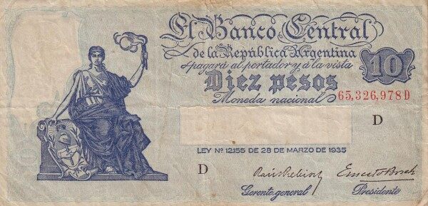 阿根廷 Pick 253 1935.3.28年版10 Pesos 纸钞 