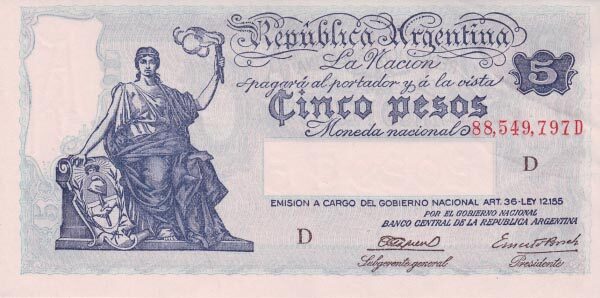 阿根廷 Pick 252b ND1935年版5 Pesos 纸钞 